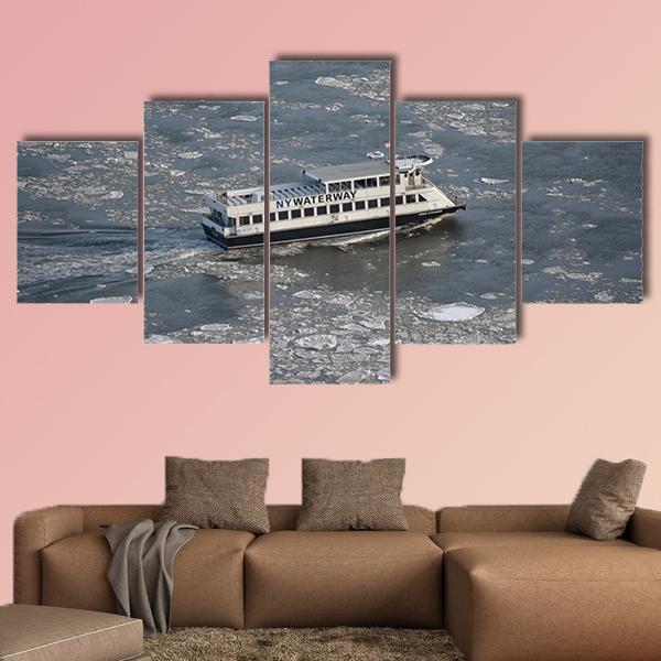 Commuter Ferry On East River Canvas Wall Art-5 Star-Gallery Wrap-62" x 32"-Tiaracle