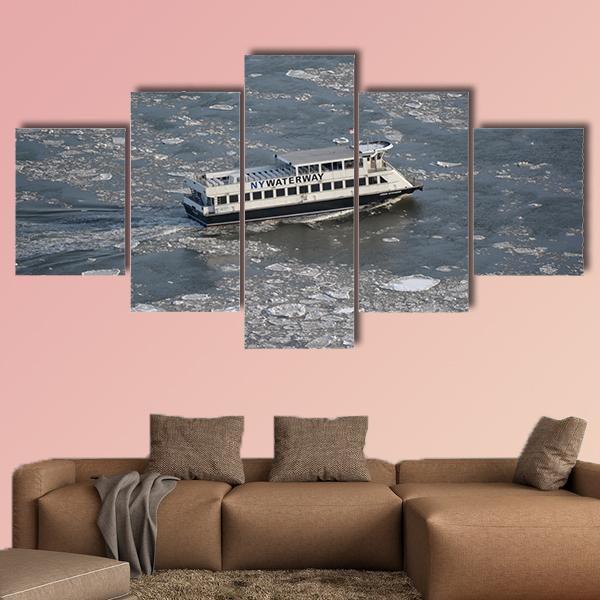 Commuter Ferry On East River Canvas Wall Art-5 Pop-Gallery Wrap-47" x 32"-Tiaracle