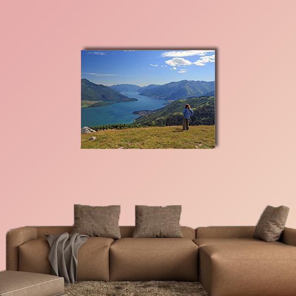 Como Lake Overlook Canvas Wall Art in green and blue, single panel hung on a wall