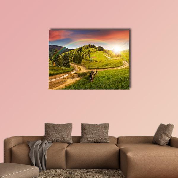 Mountain Road Fork at Sunset Canvas Wall Art in orange, yellow and green, single panel hung on a wall