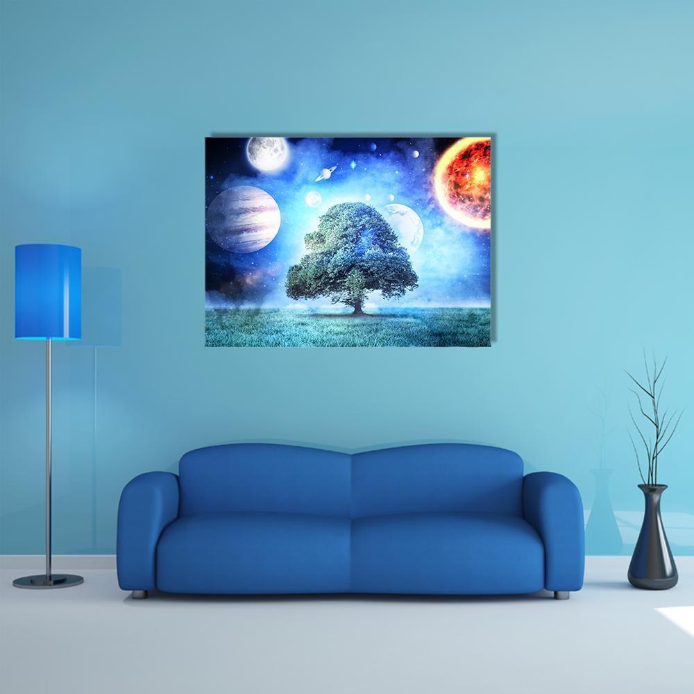 Cosmic Tree with Ringed Planet Canvas Wall Art in orange, blue and purple, single panel hung on a wall