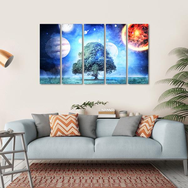 Cosmic Tree with Ringed Planet Canvas Wall Art in orange, blue and purple, hung on a wall