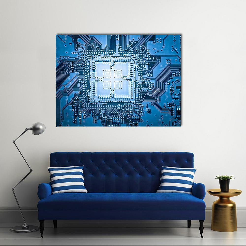 Microscopic Circuit Board Canvas Wall Art in white, blue and navy, single panel hung on a wall