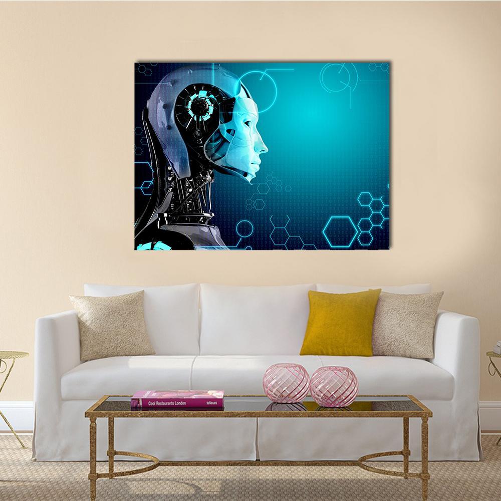 Transparent Robot Head with Blue Circuitry Canvas Wall Art in black and blue, single panel hung on a wall