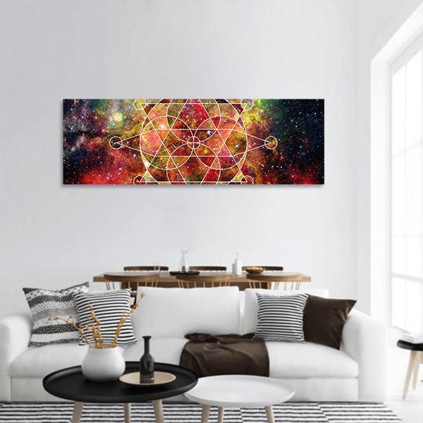 Cosmic Geometric Mandala Panoramic Canvas Wall Art in black, red and multicolor, hung on a wall
