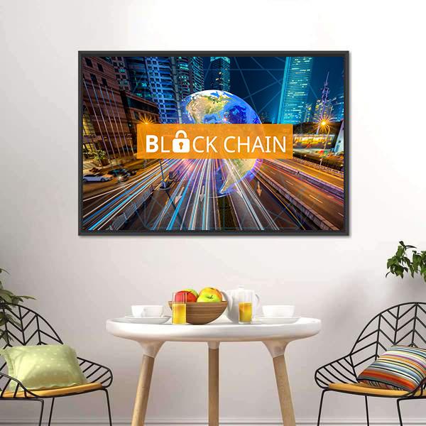 Blockchain Globe Above Night Highway Canvas Wall Art in black, orange and blue, framed canvas, product view on a white background