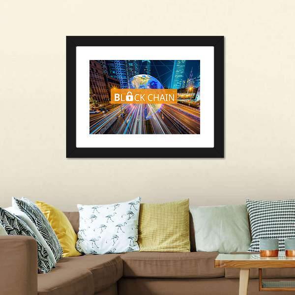 Blockchain Globe Above Night Highway Canvas Wall Art in black, orange and blue, single panel hung on a wall