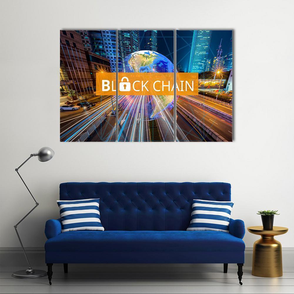 Blockchain Globe Above Night Highway Canvas Wall Art in black, orange and blue, single panel hung on a wall