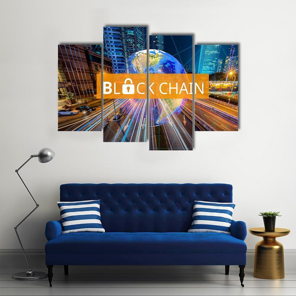 Blockchain Globe Above Night Highway Canvas Wall Art in black, orange and blue, single panel hung on a wall