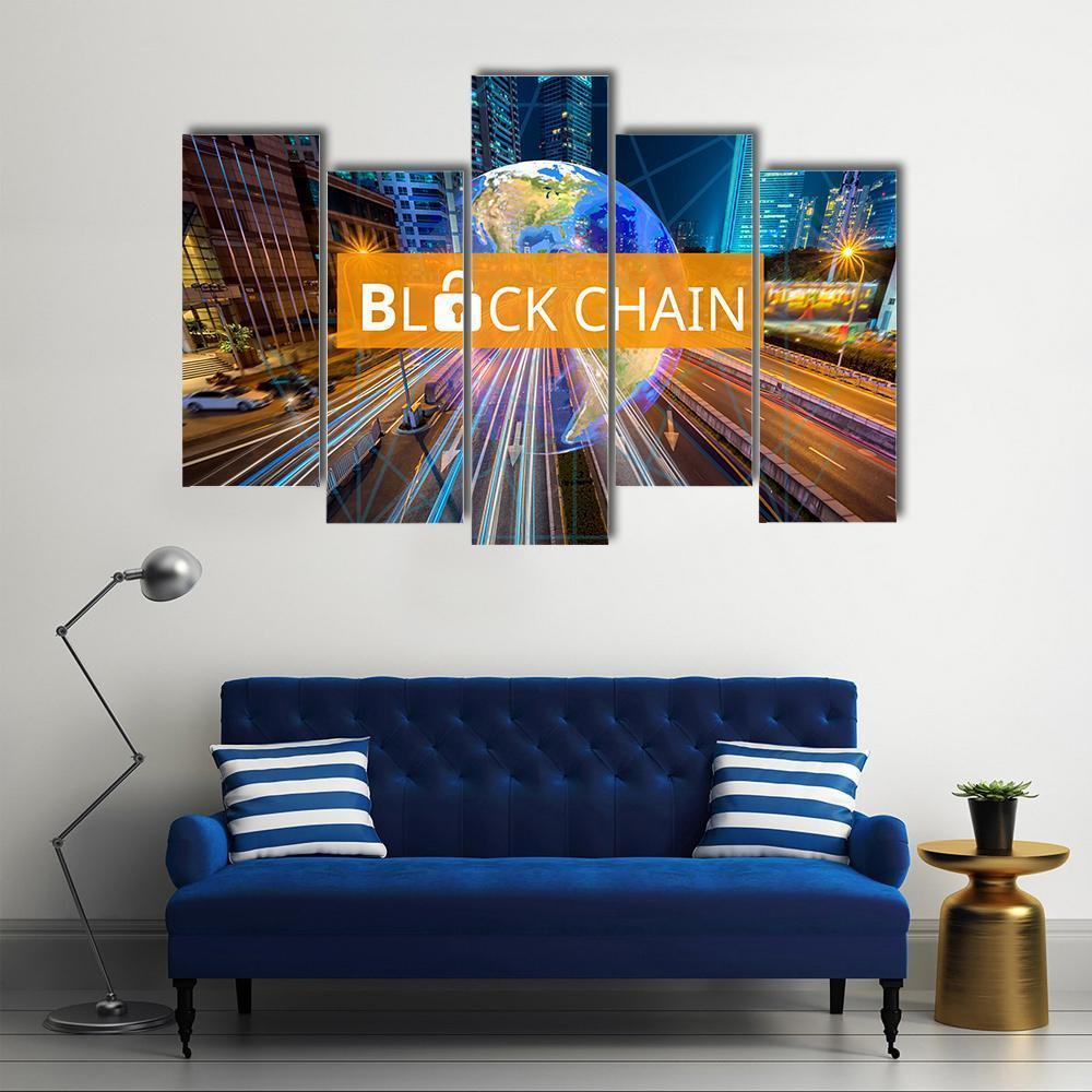Blockchain Globe Above Night Highway Canvas Wall Art in black, orange and blue, 5 panel Pop layout hung on a wall