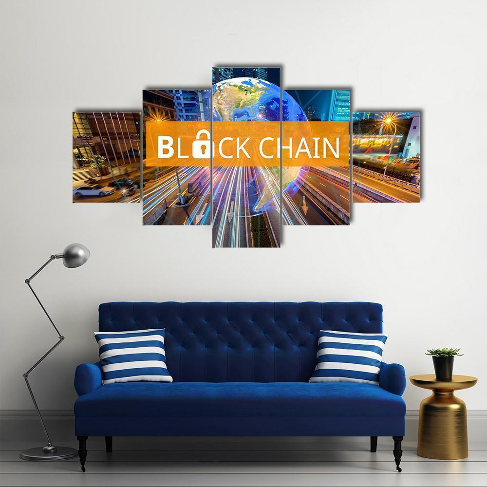 Blockchain Globe Above Night Highway Canvas Wall Art in black, orange and blue, single panel hung on a wall