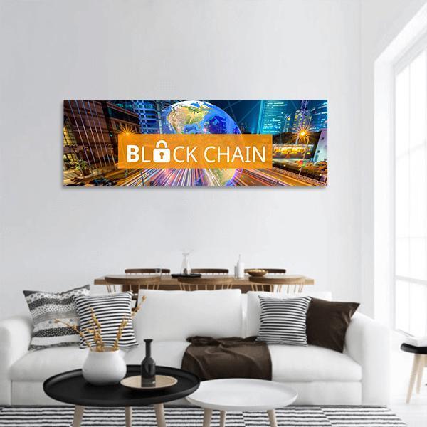 Blockchain Globe Over Night City Skyline Panoramic Canvas Wall Art in orange, yellow and blue, hung on a wall