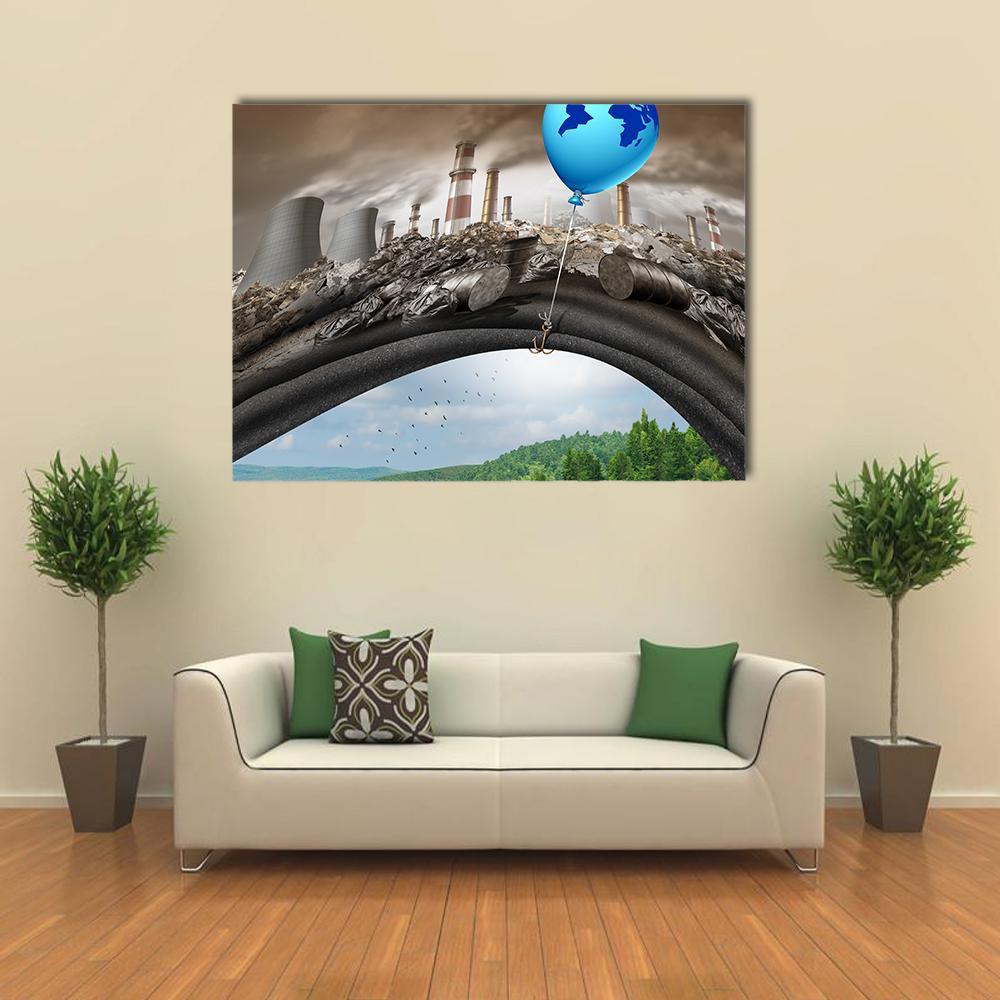 Climate Change Concept with Earth Balloon Canvas Wall Art in gray, brown and blue, single panel hung on a wall