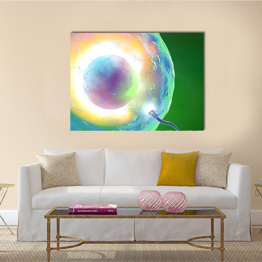 Conception: Ovum and Sperm Canvas Wall Art in yellow, green and blue, single panel hung on a wall