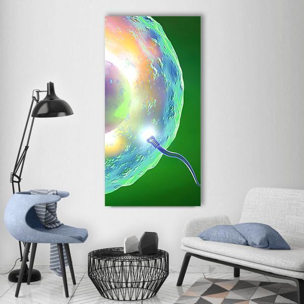 Conception Ovum and Sperm Vertical Canvas Wall Art in yellow, green and blue, single vertical panel hung on a wall