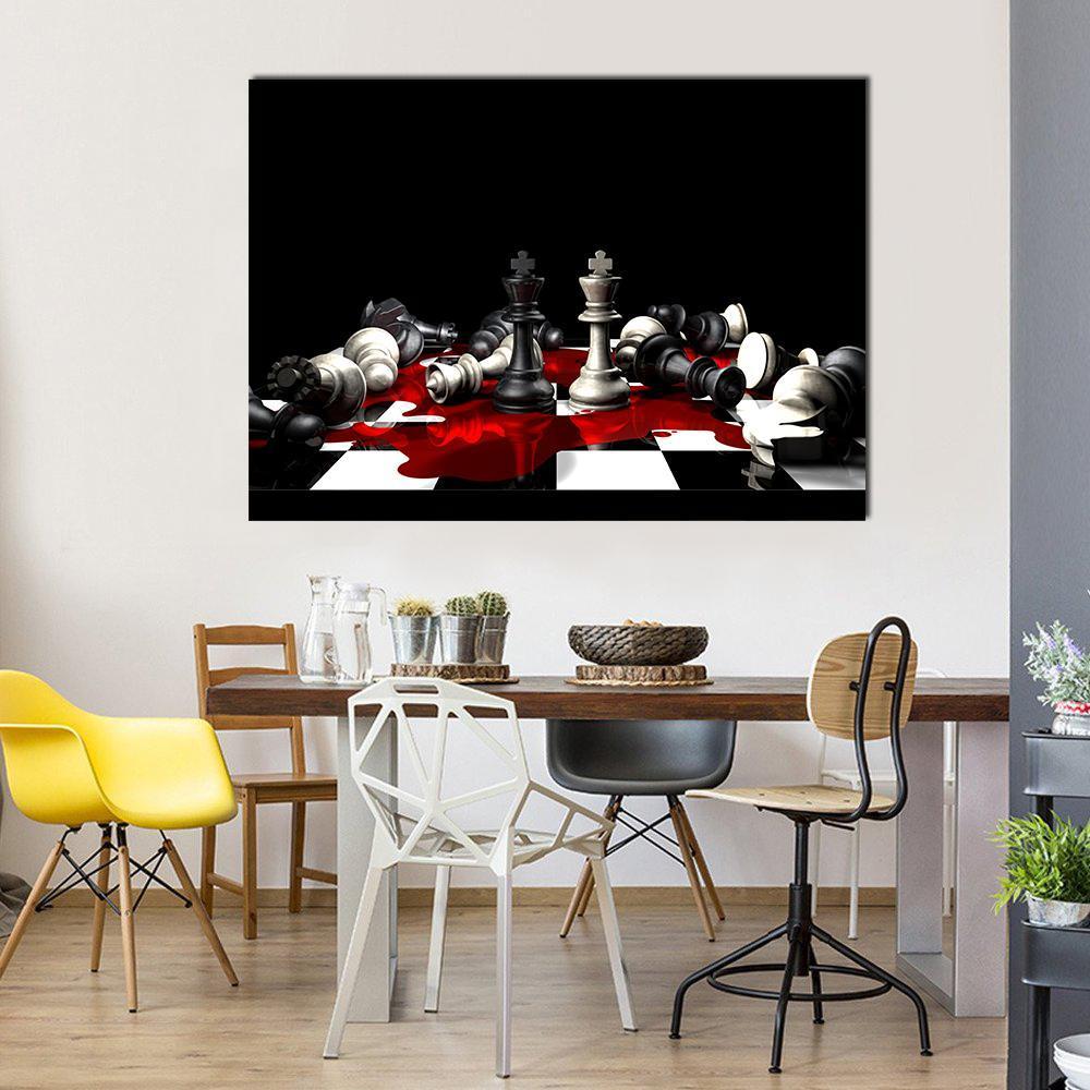 Standing Kings After Chess Battle Canvas Wall Art in black, white and red, single panel hung on a wall