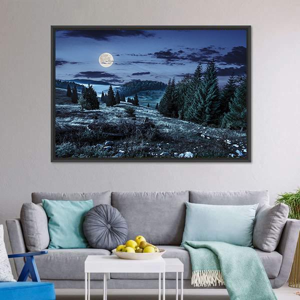 Coniferous Forest At Night Canvas Wall Art-1 Piece-Floating Frame-36" x 24"-Tiaracle