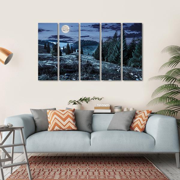 Coniferous Forest At Night Canvas Wall Art-5 Horizontal-Gallery Wrap-22" x 12"-Tiaracle