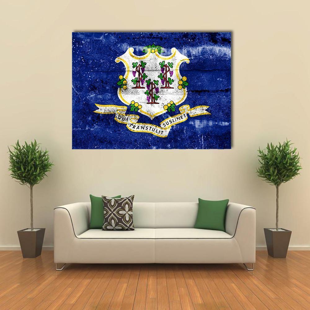 Distressed Connecticut State Flag Canvas Wall Art in white and blue, single panel hung on a wall