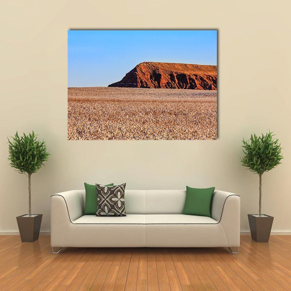 Red Rock Mesa and Arid Field Canvas Wall Art in brown, orange and blue, single panel hung on a wall