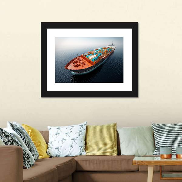 Container Ship In Ocean Canvas Wall Art-1 Piece-Framed Print-20" x 16"-Tiaracle