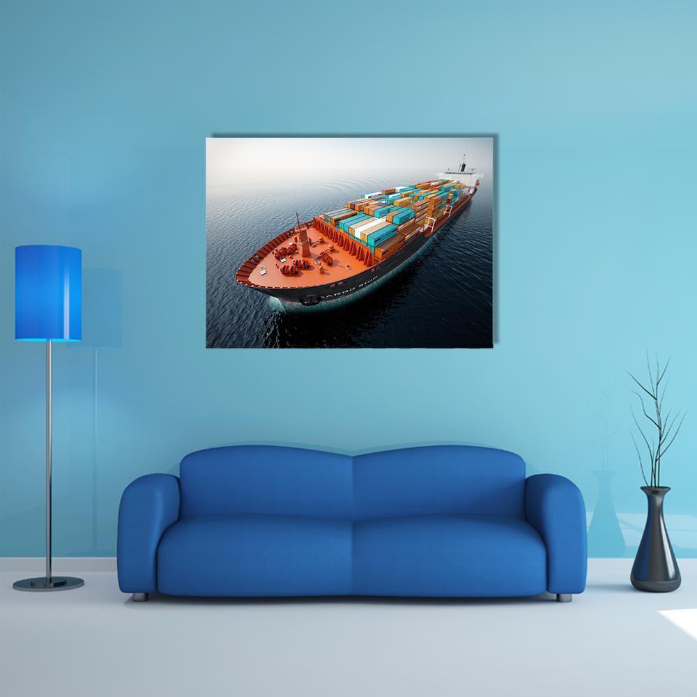 Container Ship In Ocean Canvas Wall Art-1 Piece-Gallery Wrap-48" x 32"-Tiaracle