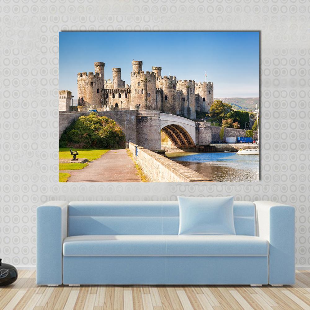 Conwy Castle in Wales Canvas Wall Art in gray, brown and blue, single panel hung on a wall