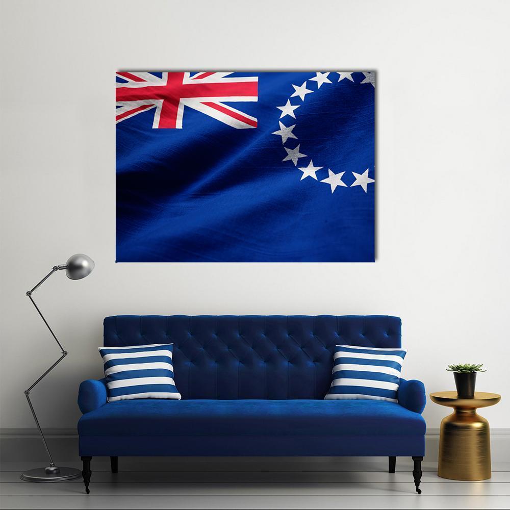Cook Islands Flag Close-up Canvas Wall Art in white, red and blue, single panel hung on a wall