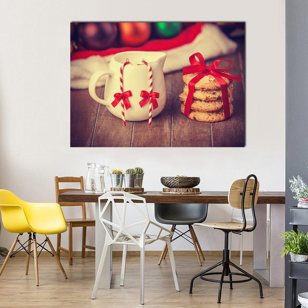 Cookies and Milk Pitcher Canvas Wall Art in beige, brown and red, single panel hung on a wall