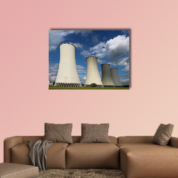 Four Cooling Towers with Red and White Rims Canvas Wall Art in white, gray and blue, single panel hung on a wall