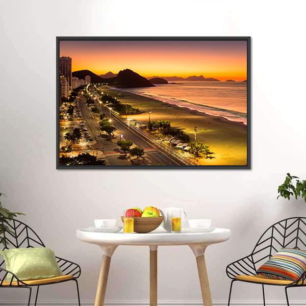 Copacabana Beach at Dawn Canvas Wall Art in black, orange and yellow, framed canvas, product view on a white background