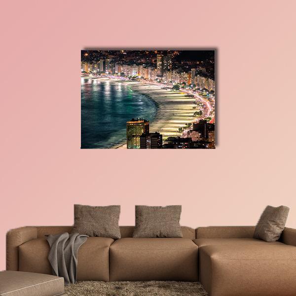 Copacabana Beach at Night Canvas Wall Art in black, beige and blue, single panel hung on a wall