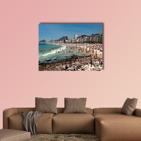 People on Copacabana Beach Canvas Wall Art in gray, beige and blue, single panel hung on a wall