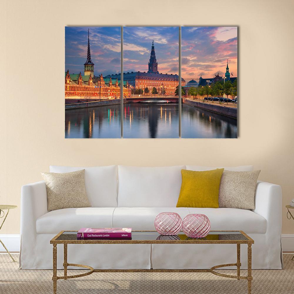 Copenhagen During Twilight Canvas Wall Art-3 Horizontal-Gallery Wrap-37" x 24"-Tiaracle
