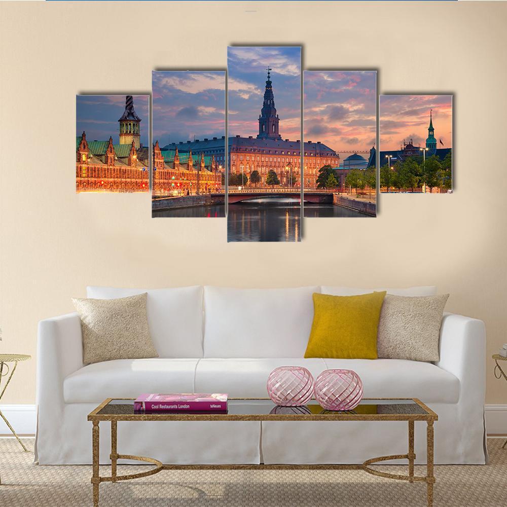 Copenhagen During Twilight Canvas Wall Art-5 Star-Gallery Wrap-62" x 32"-Tiaracle