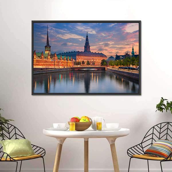 Copenhagen During Twilight Canvas Wall Art-1 Piece-Floating Frame-24" x 16"-Tiaracle