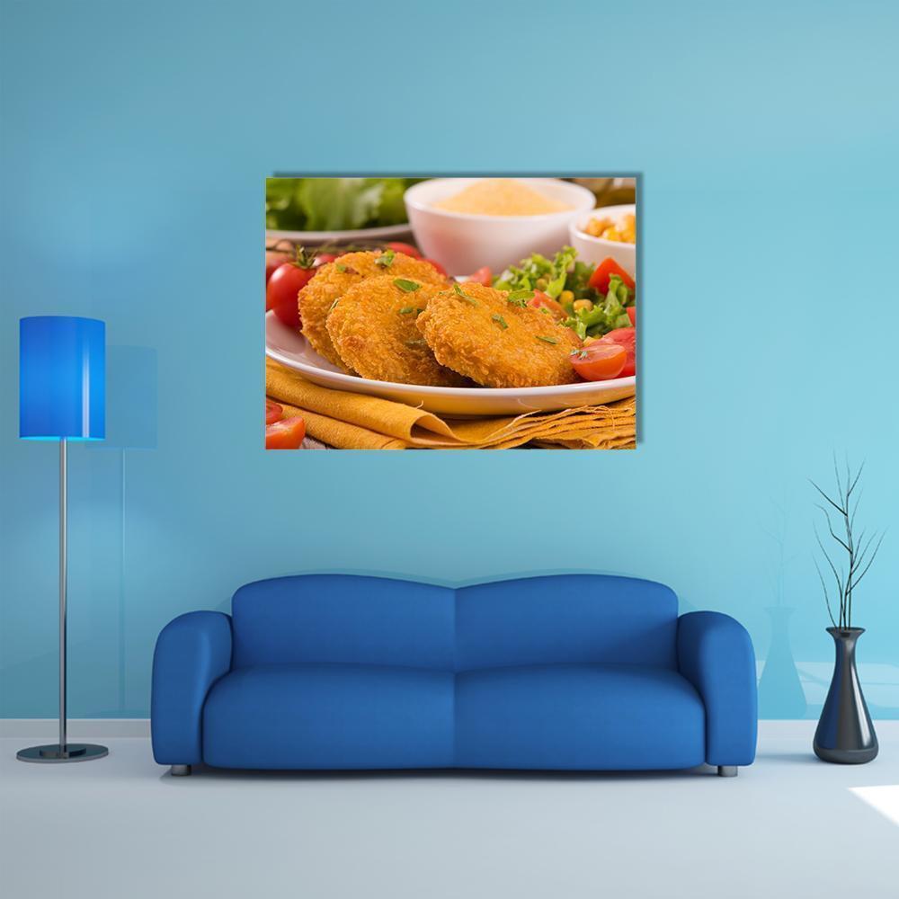 Fried Chicken Patties with Corn and Salad Canvas Wall Art in red, yellow and green, single panel hung on a wall