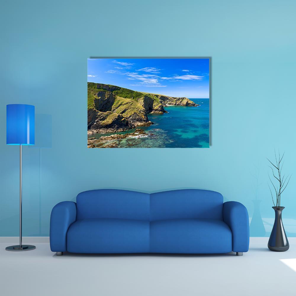 Cornwall Coast England Canvas Wall Art in brown, green and blue, single panel hung on a wall