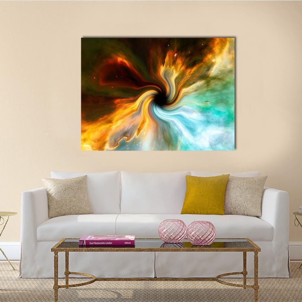 Black Hole Vortex with Swirling Nebula Canvas Wall Art in orange, yellow and blue, single panel hung on a wall