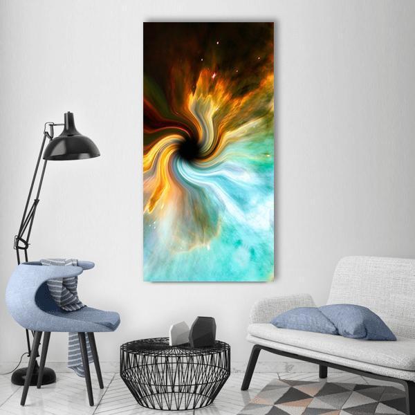 Cosmic Black Hole Vortex Vertical Canvas Wall Art in black, orange and blue, single vertical panel hung on a wall