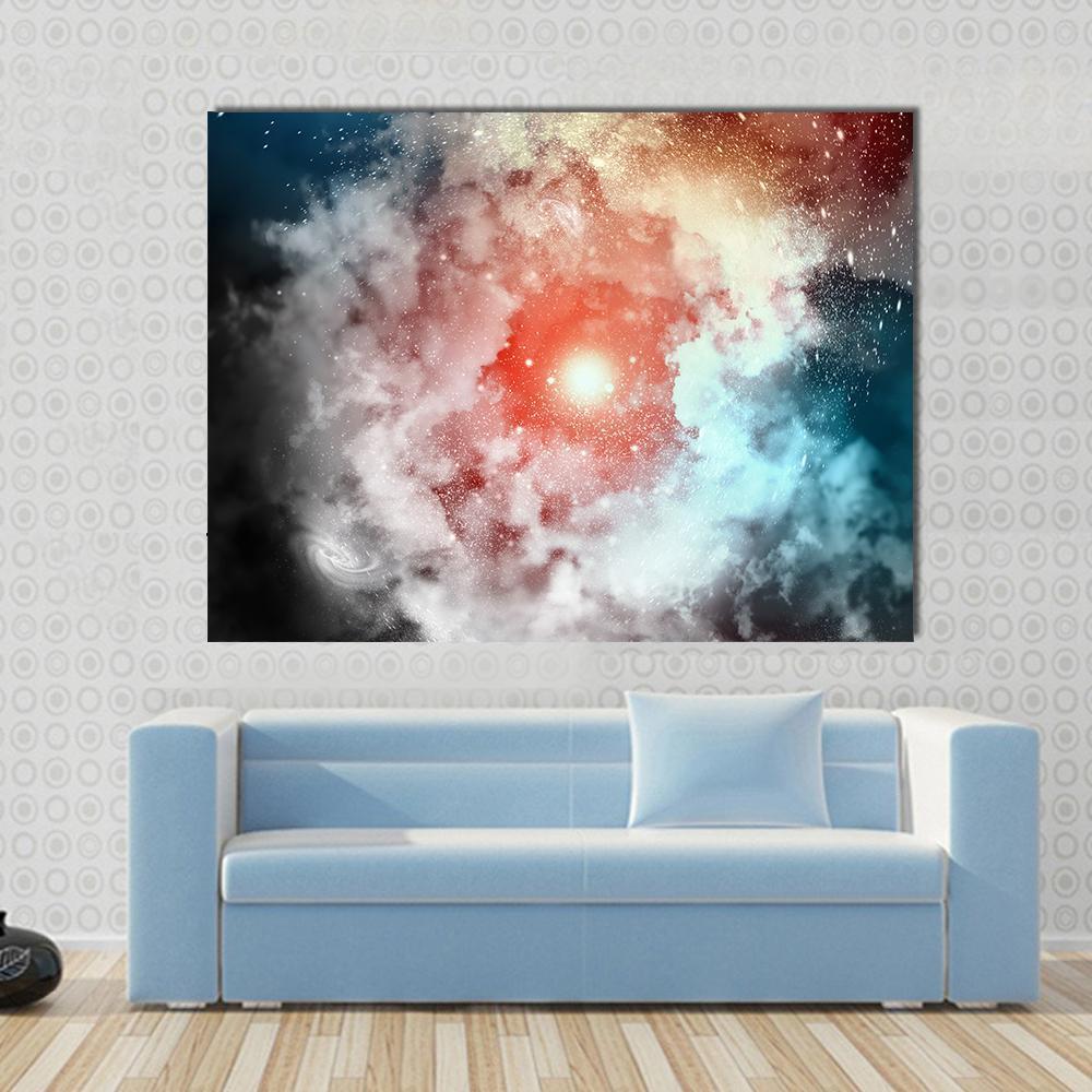 Cosmic Clouds of Mist Canvas Wall Art in white, red and blue, single panel hung on a wall