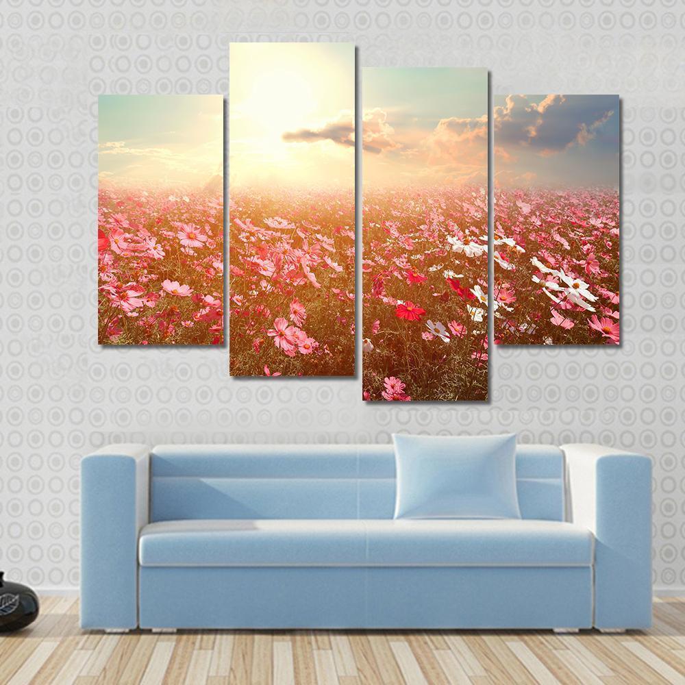 Cosmos Flower Field Canvas Wall Art-4 Pop-Gallery Wrap-50" x 32"-Tiaracle
