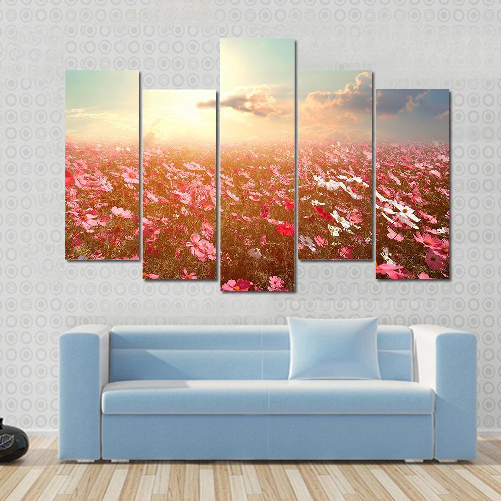 Cosmos Flower Field Canvas Wall Art-5 Pop-Gallery Wrap-47" x 32"-Tiaracle
