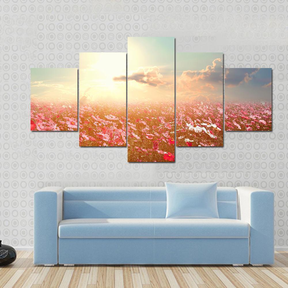 Cosmos Flower Field Canvas Wall Art-5 Star-Gallery Wrap-62" x 32"-Tiaracle