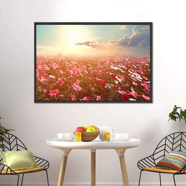Cosmos Flower Field Canvas Wall Art in orange, yellow and pink, framed canvas, product view on a white background