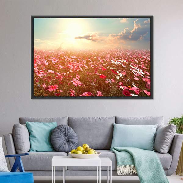 Cosmos Flower Field Canvas Wall Art-3 Horizontal-Gallery Wrap-25" x 16"-Tiaracle