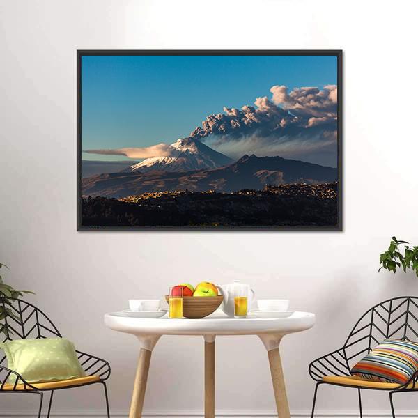 Cotopaxi Volcano Eruption with Snow-capped Peaks Canvas Wall Art in gray, brown and blue, framed canvas, product view on a white background