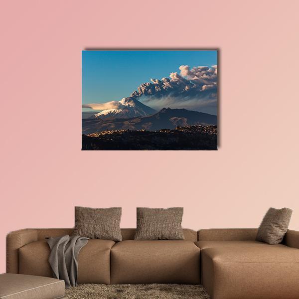 Cotopaxi Volcano Eruption with Snow-capped Peaks Canvas Wall Art in gray, brown and blue, single panel hung on a wall