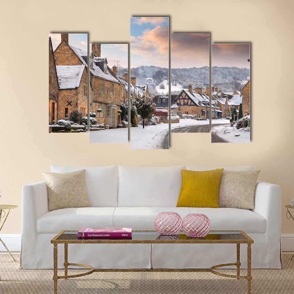 Cotswold Village In Snow Canvas Wall Art-5 Pop-Gallery Wrap-47" x 32"-Tiaracle