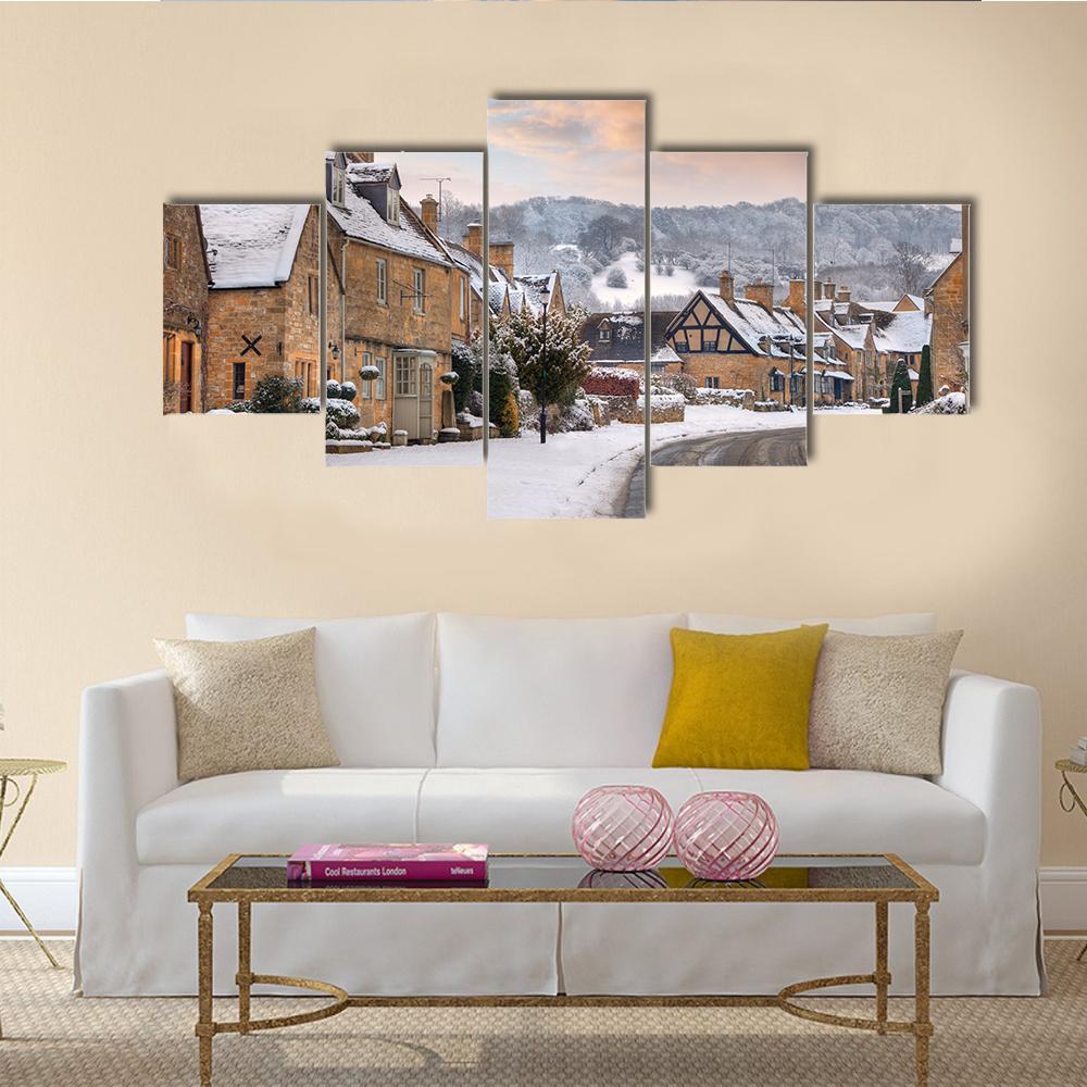 Cotswold Village In Snow Canvas Wall Art-4 Pop-Gallery Wrap-50" x 32"-Tiaracle